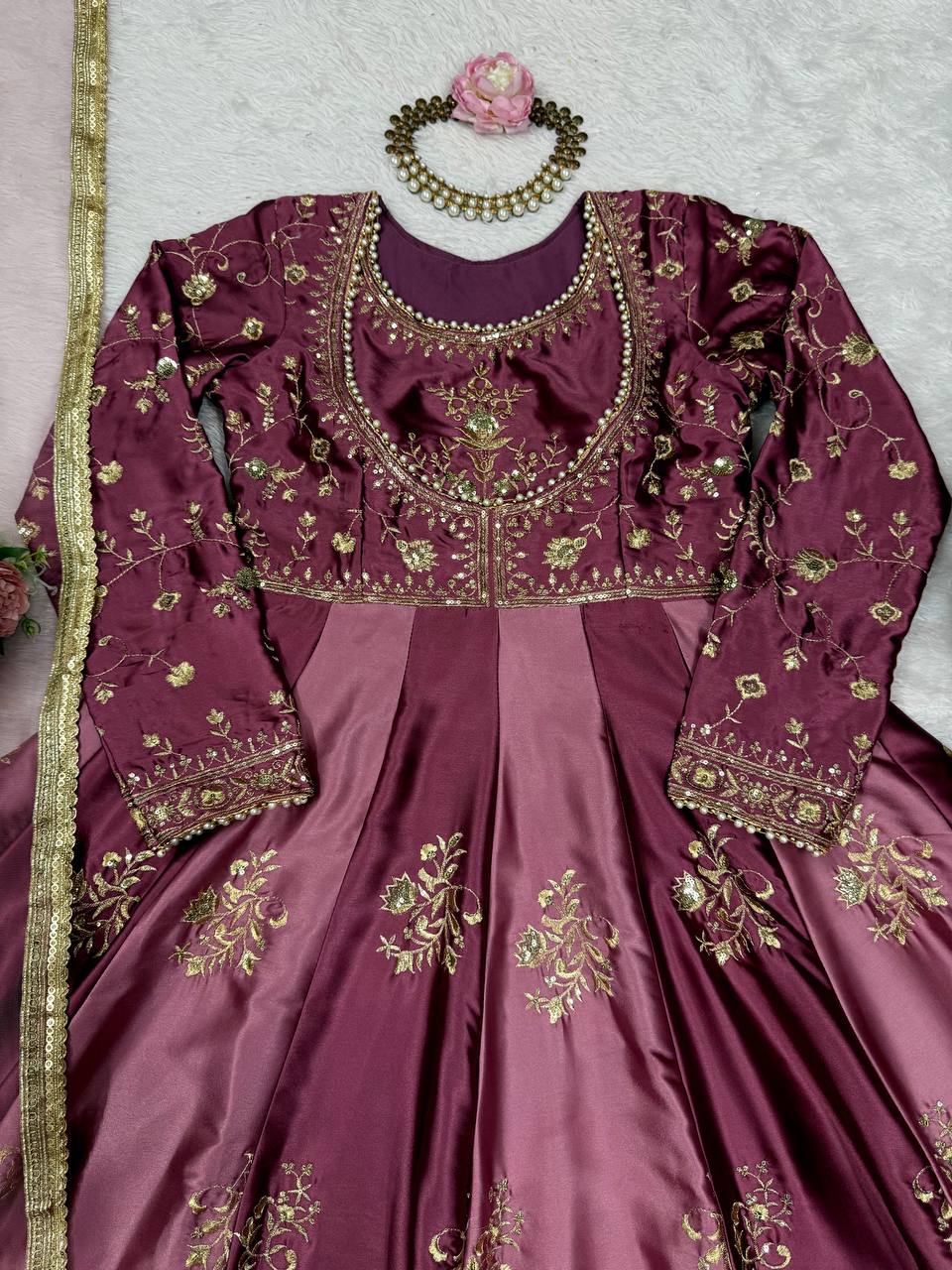 Alluring Wine Color Thread Work Anarkali Gown
