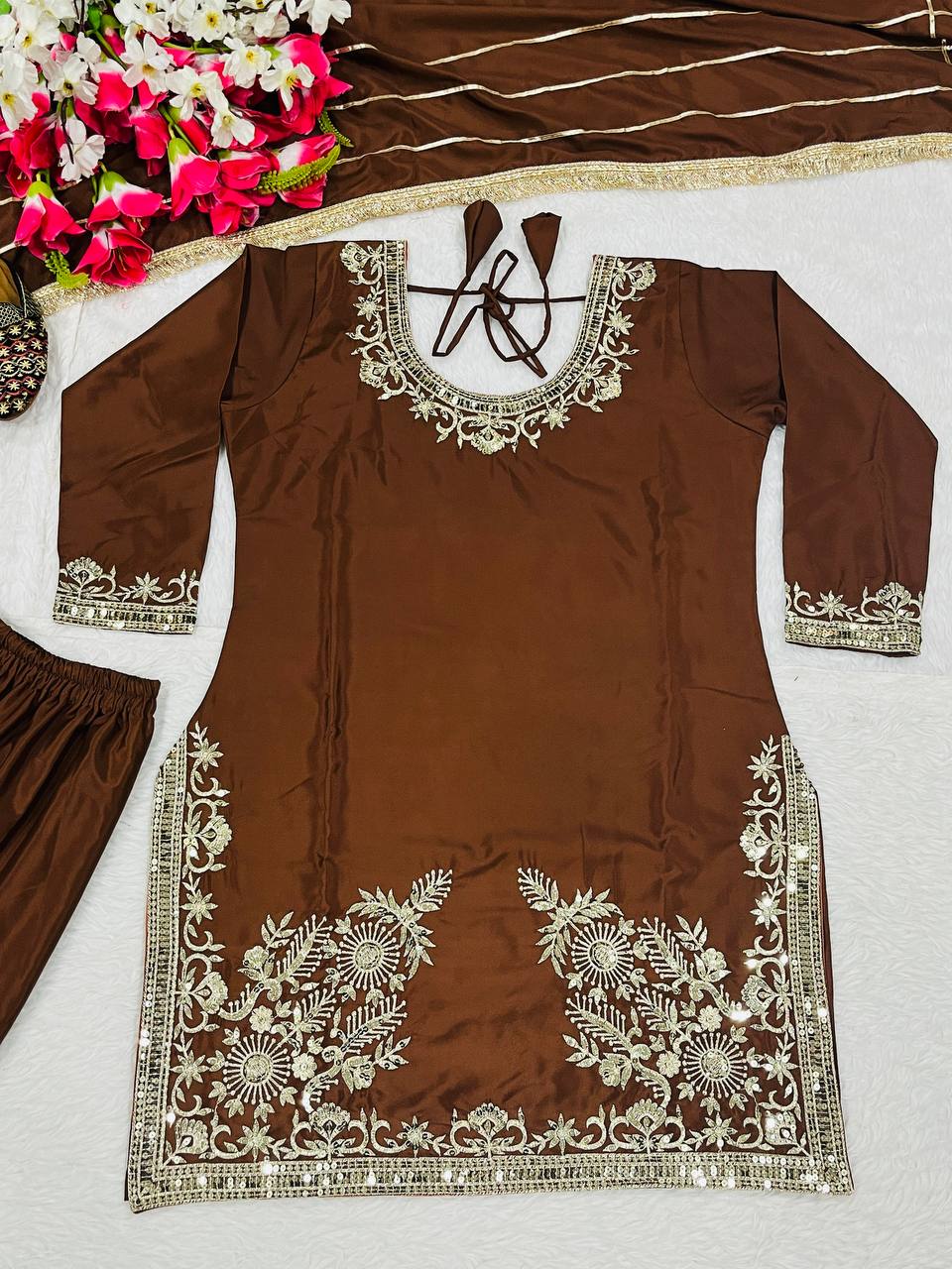 Exclusive Brown Color Embroidery Work Sharara Suit