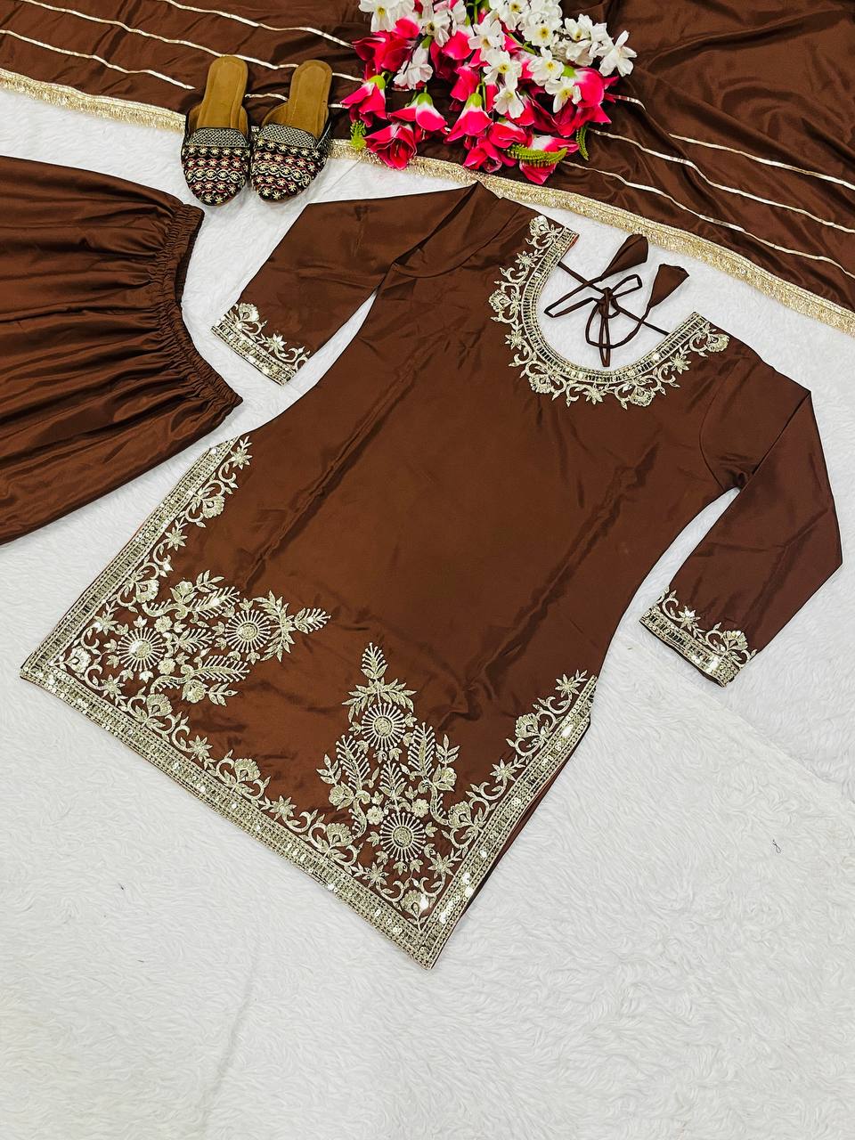 Exclusive Brown Color Embroidery Work Sharara Suit