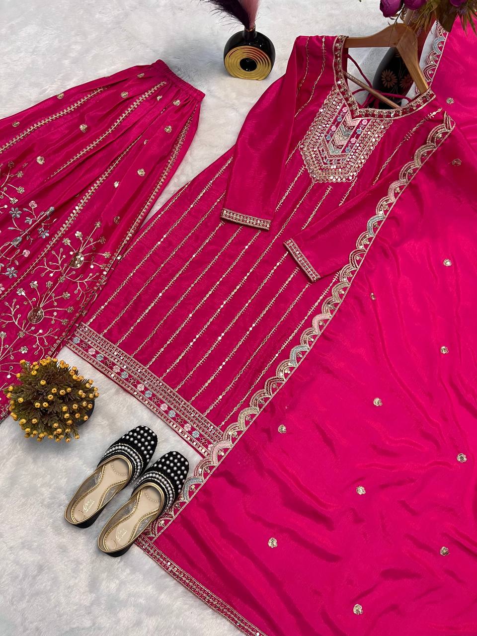 Exclusive Embroidery With Sequence Work Mehndi Palazzo Suit