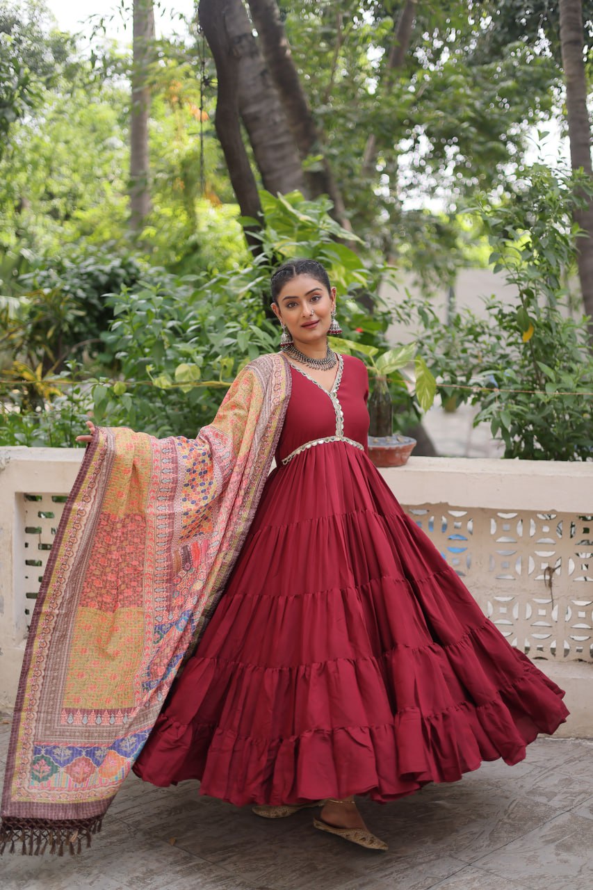 Wonderful Maroon Color V Neck Designer Gown