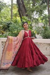 Wonderful Maroon Color V Neck Designer Gown