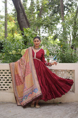 Wonderful Maroon Color V Neck Designer Gown