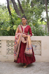 Wonderful Maroon Color V Neck Designer Gown