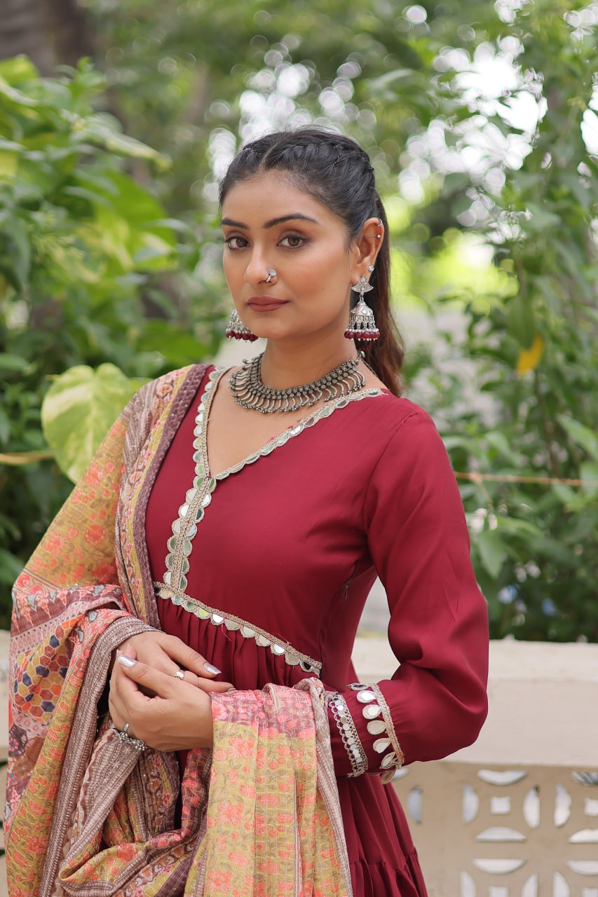 Wonderful Maroon Color V Neck Designer Gown