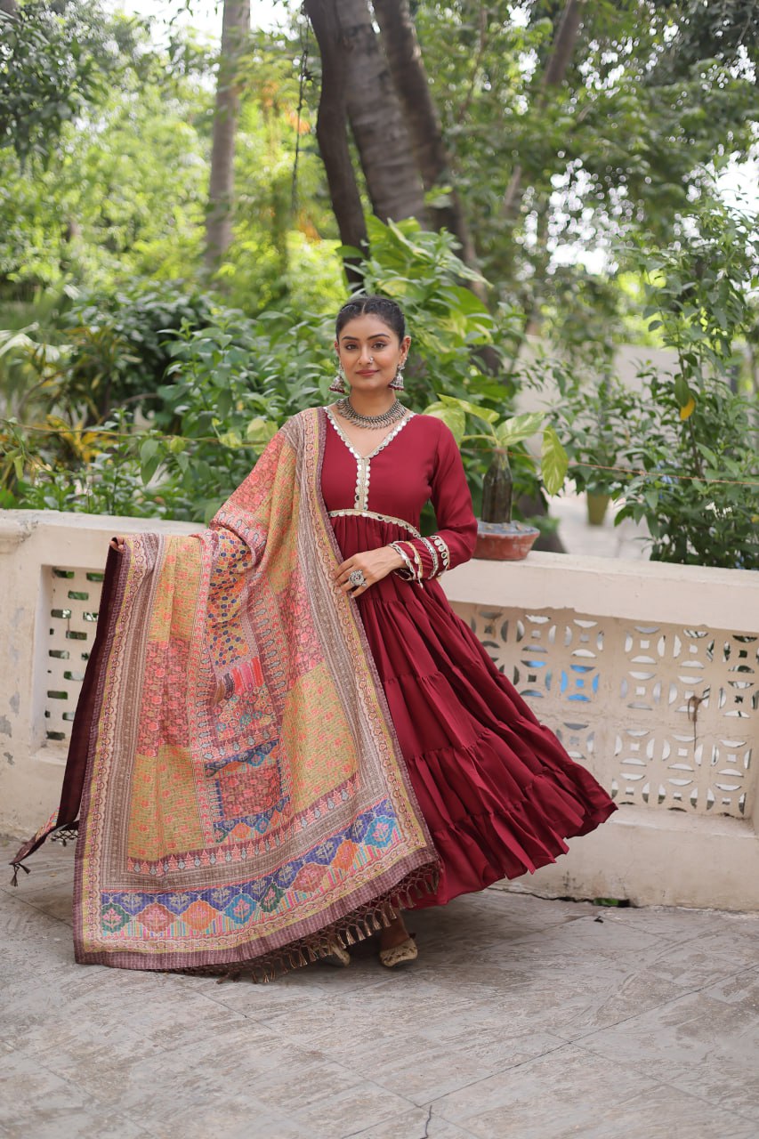 Wonderful Maroon Color V Neck Designer Gown