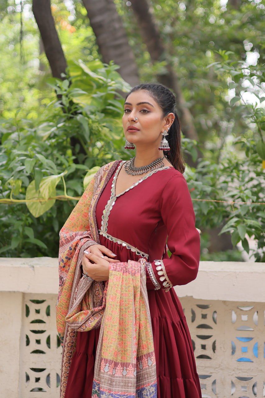 Wonderful Maroon Color V Neck Designer Gown