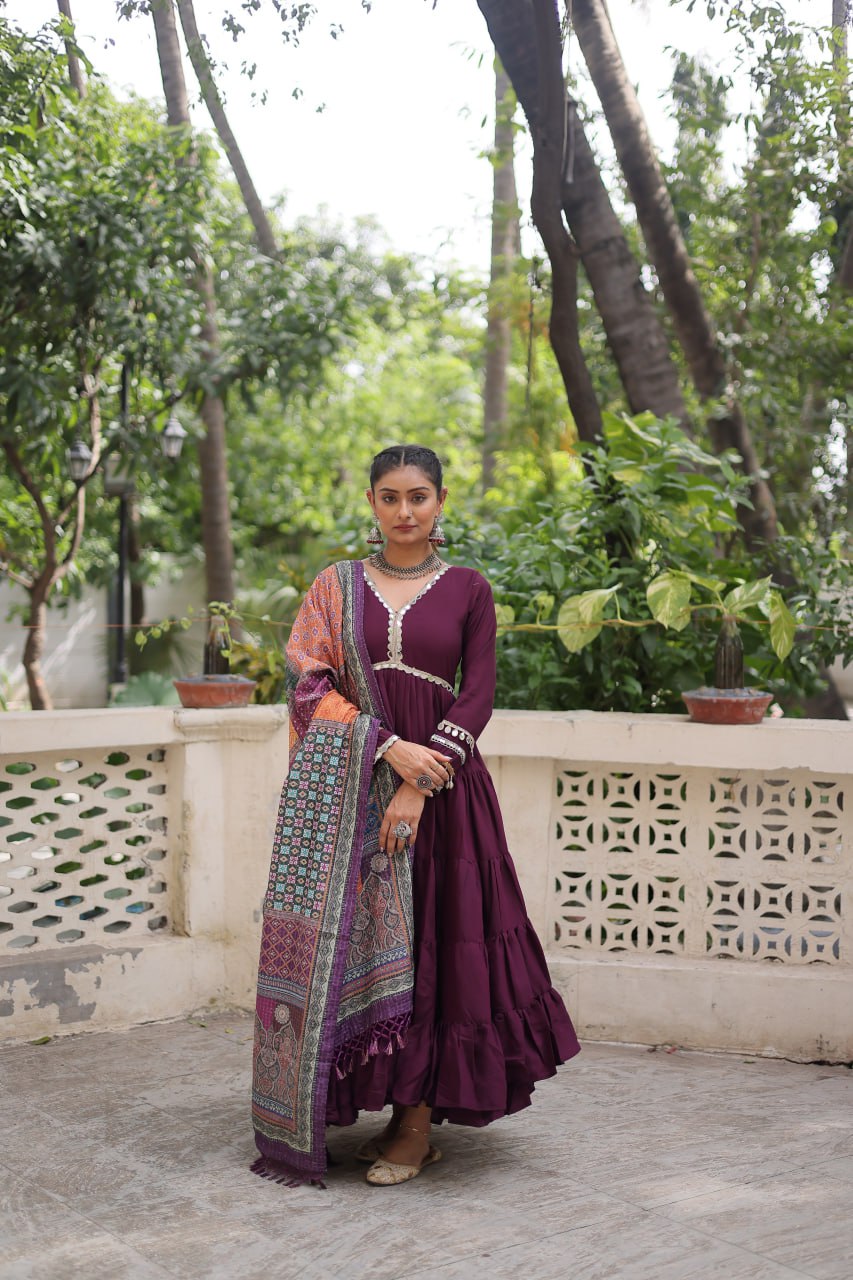 Wonderful Maroon Color V Neck Designer Gown