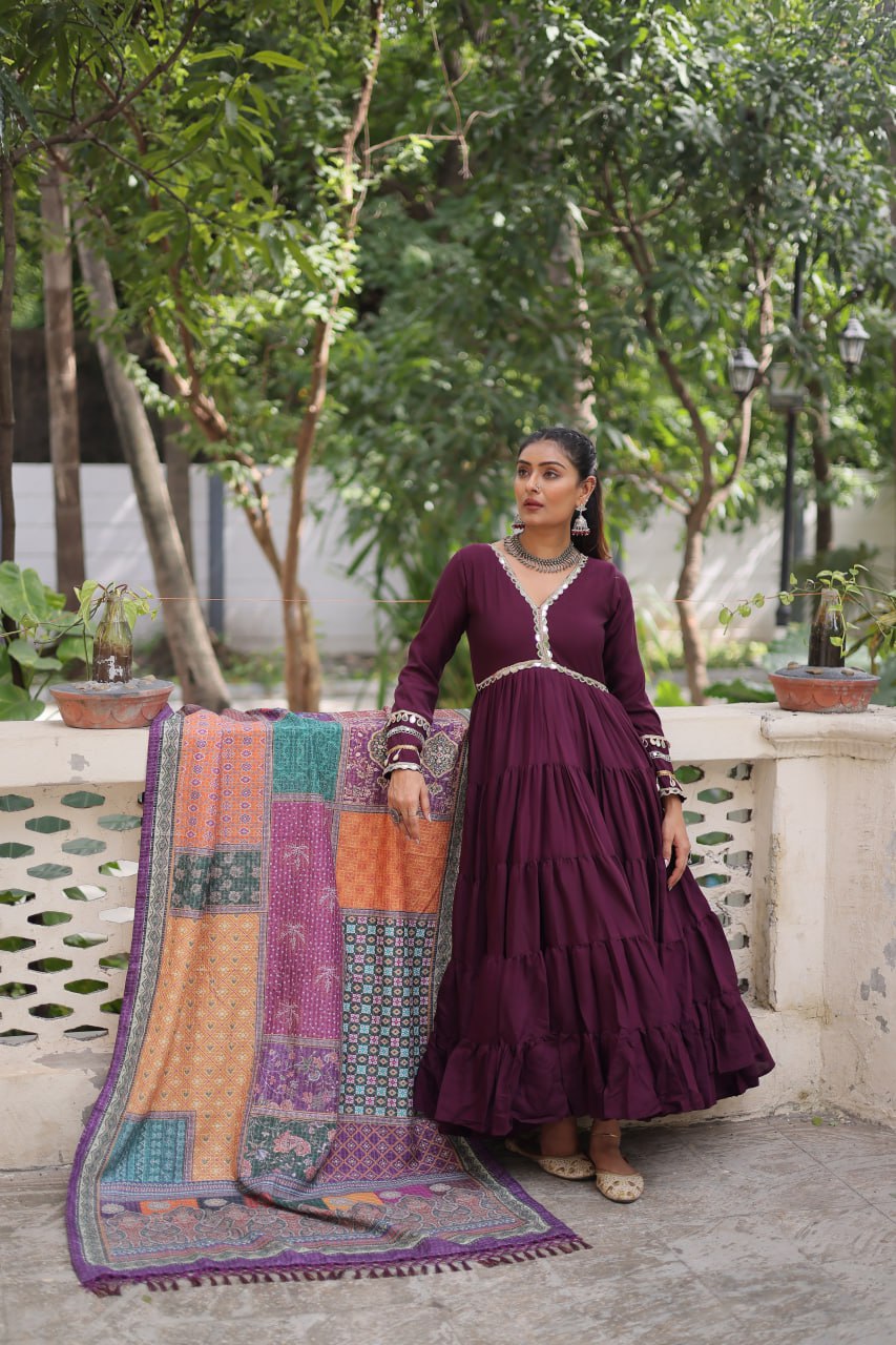 Wonderful Maroon Color V Neck Designer Gown
