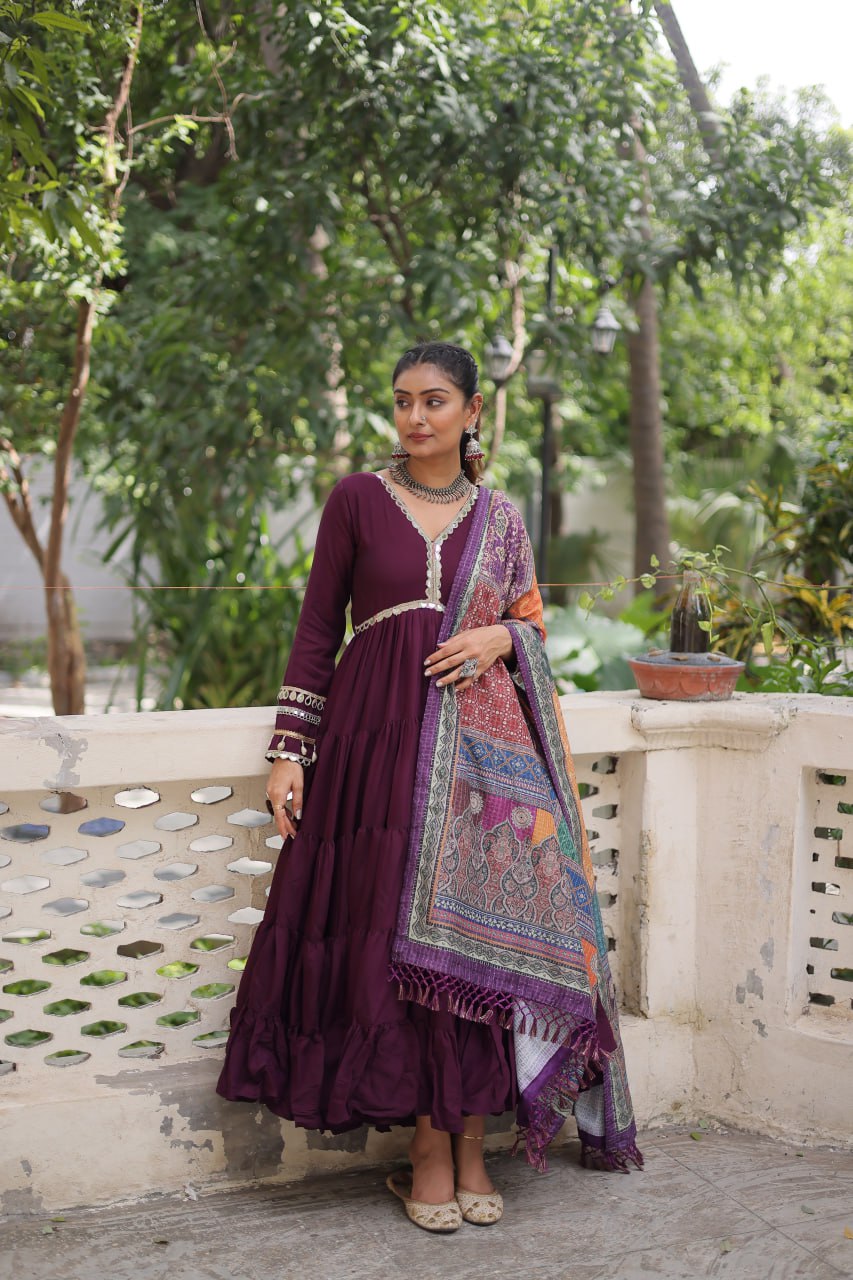 Wonderful Maroon Color V Neck Designer Gown