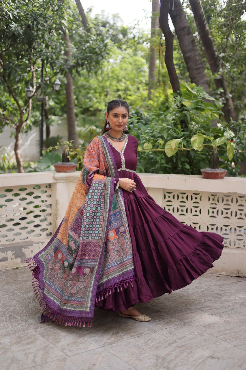 Wonderful Maroon Color V Neck Designer Gown