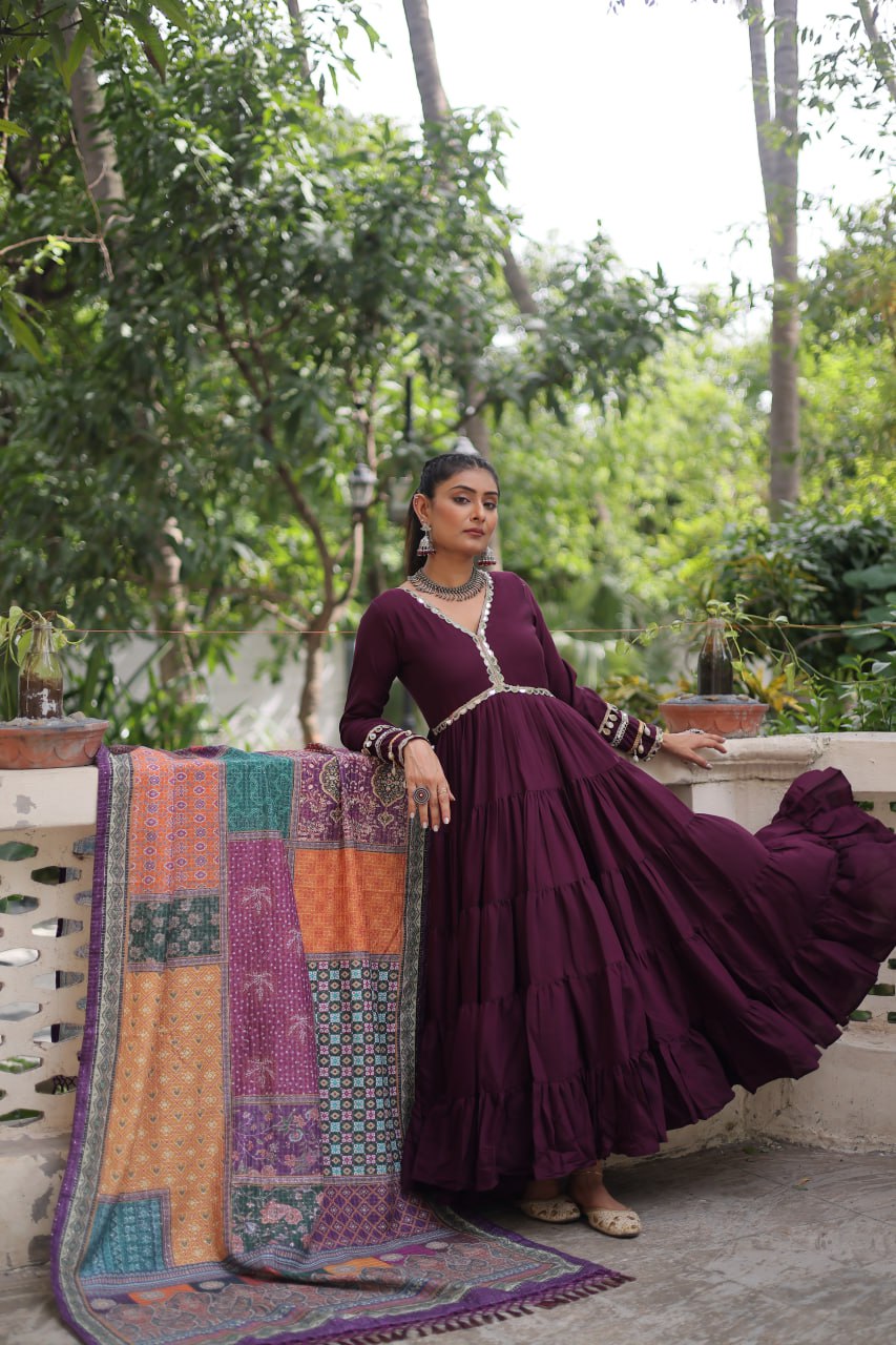 Wonderful Maroon Color V Neck Designer Gown