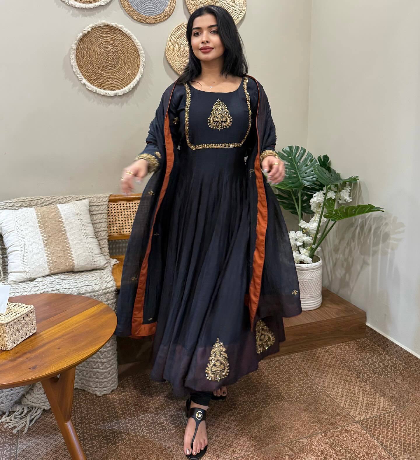 Trendy Black Color Embroidery Work Georgette Gown