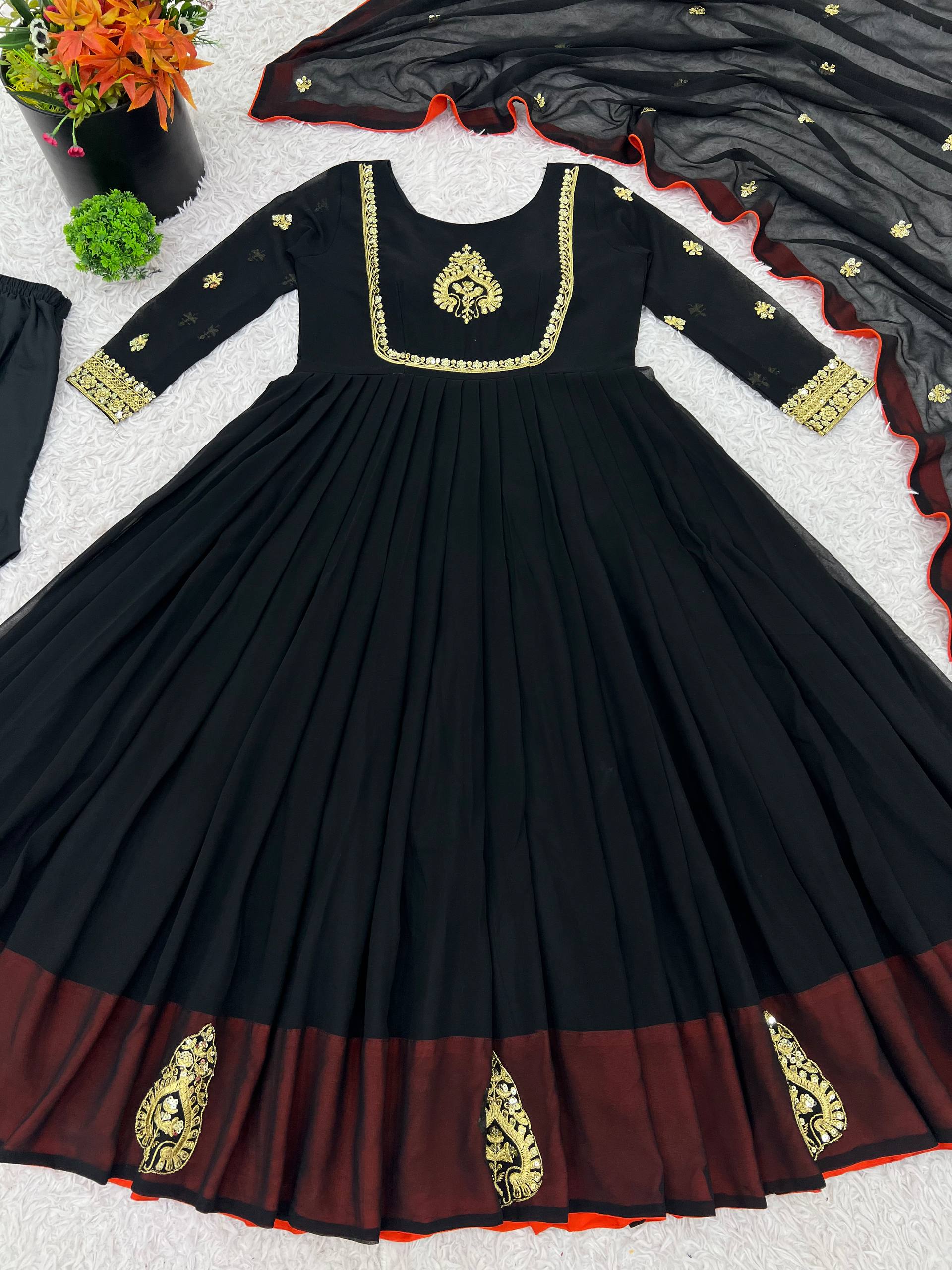 Trendy Black Color Embroidery Work Georgette Gown