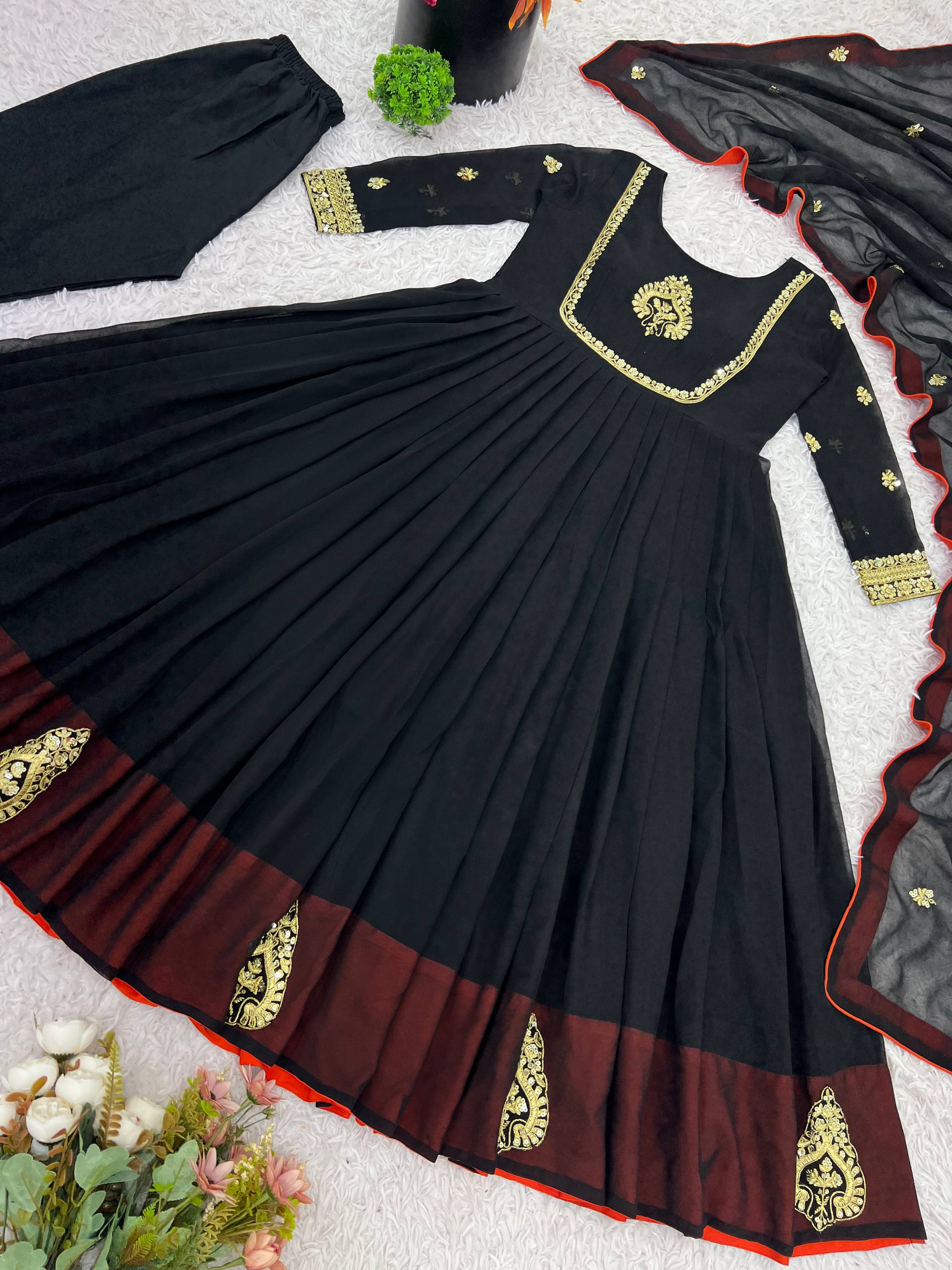 Trendy Black Color Embroidery Work Georgette Gown