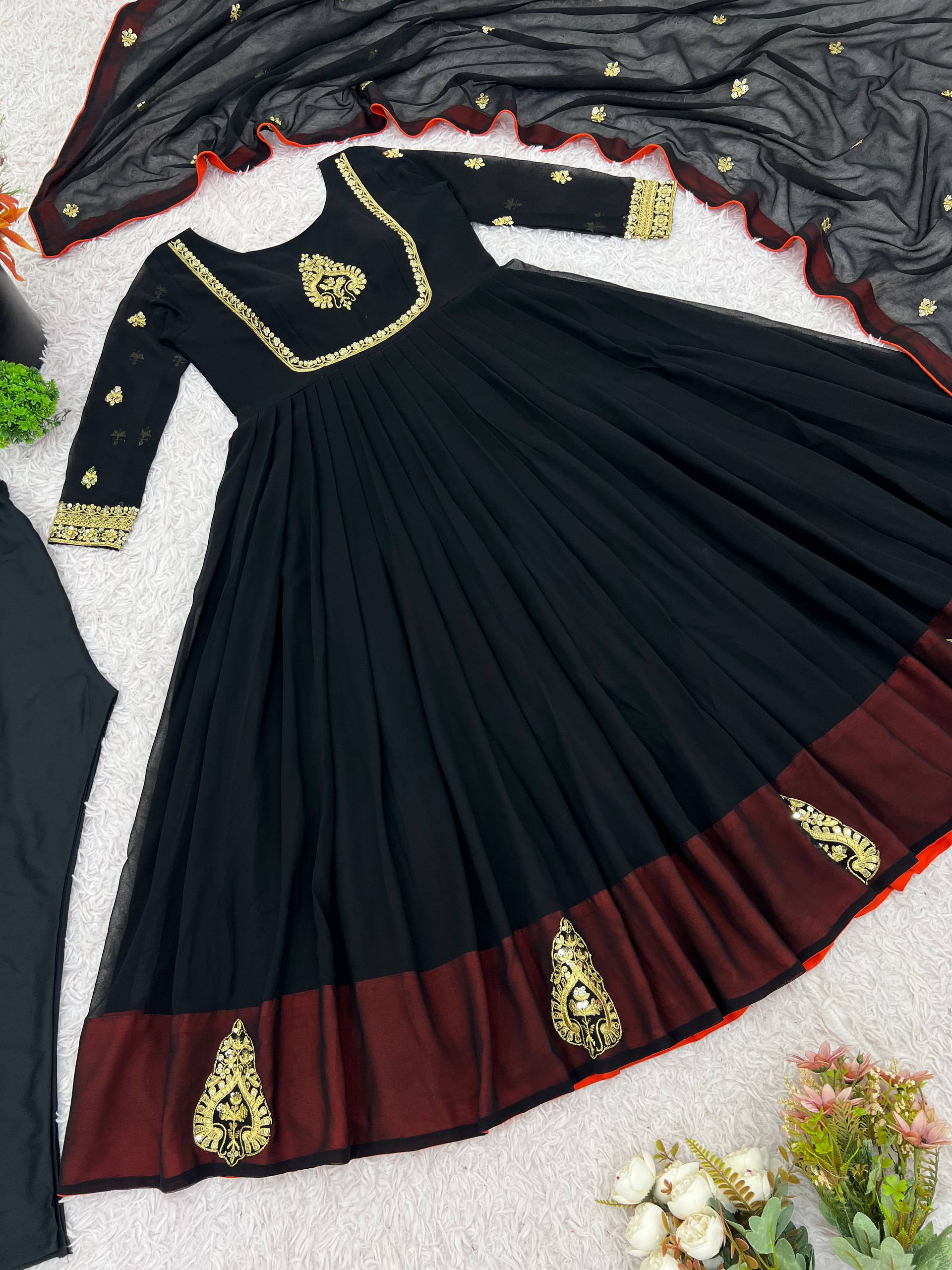 Trendy Black Color Embroidery Work Georgette Gown