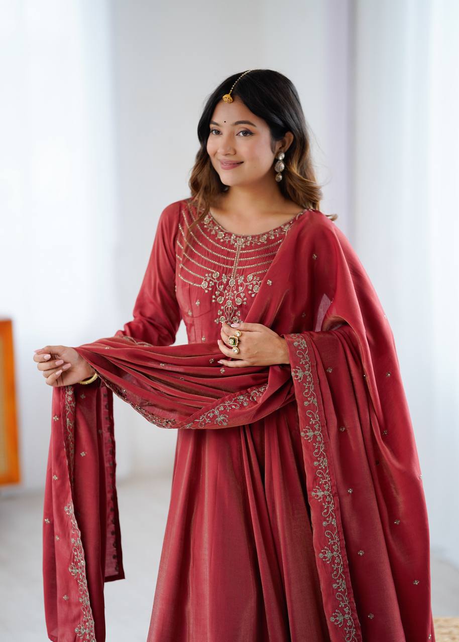 Designer Maroon Color With Beads Work Silk Anarkali Suit