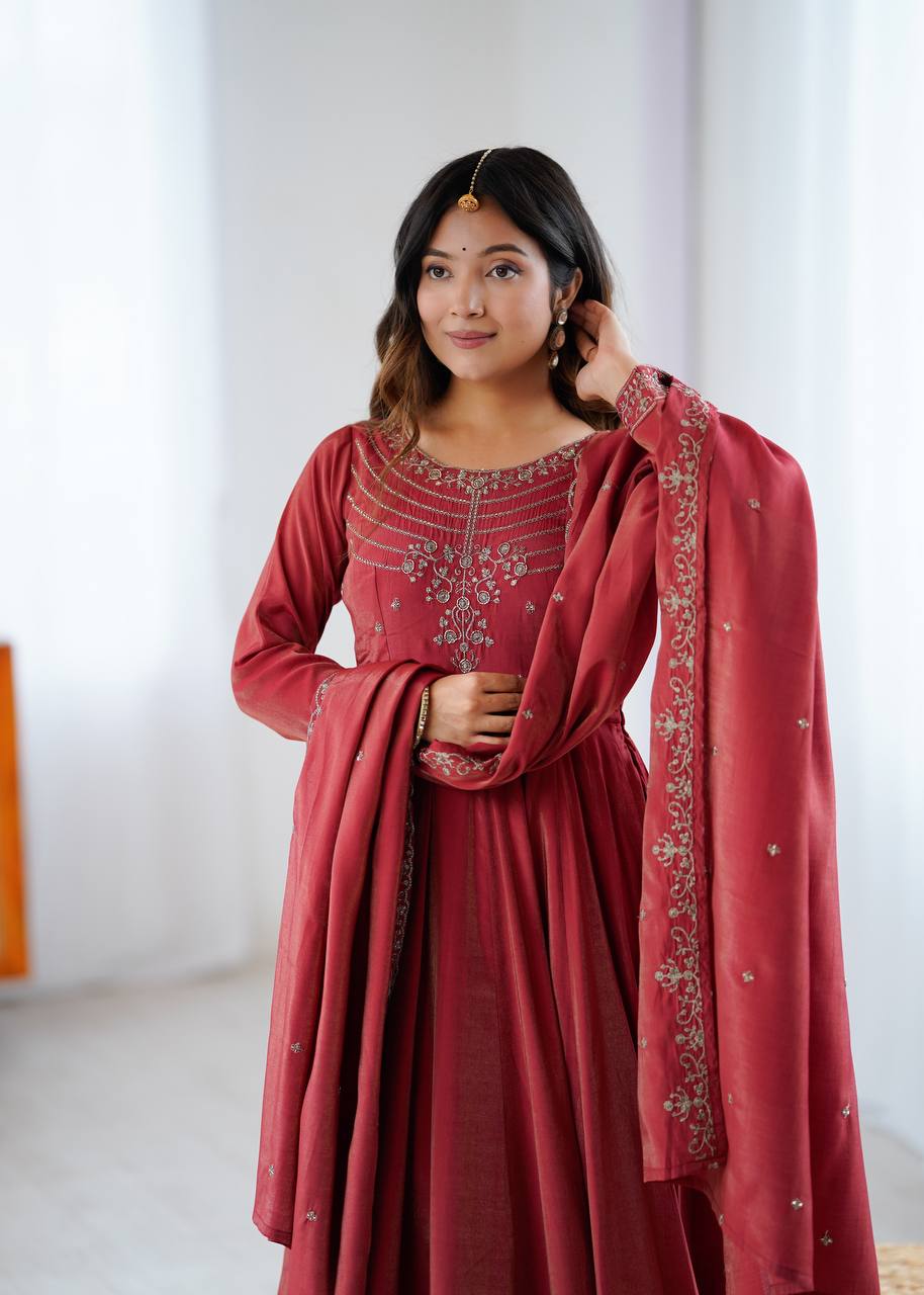 Designer Maroon Color With Beads Work Silk Anarkali Suit