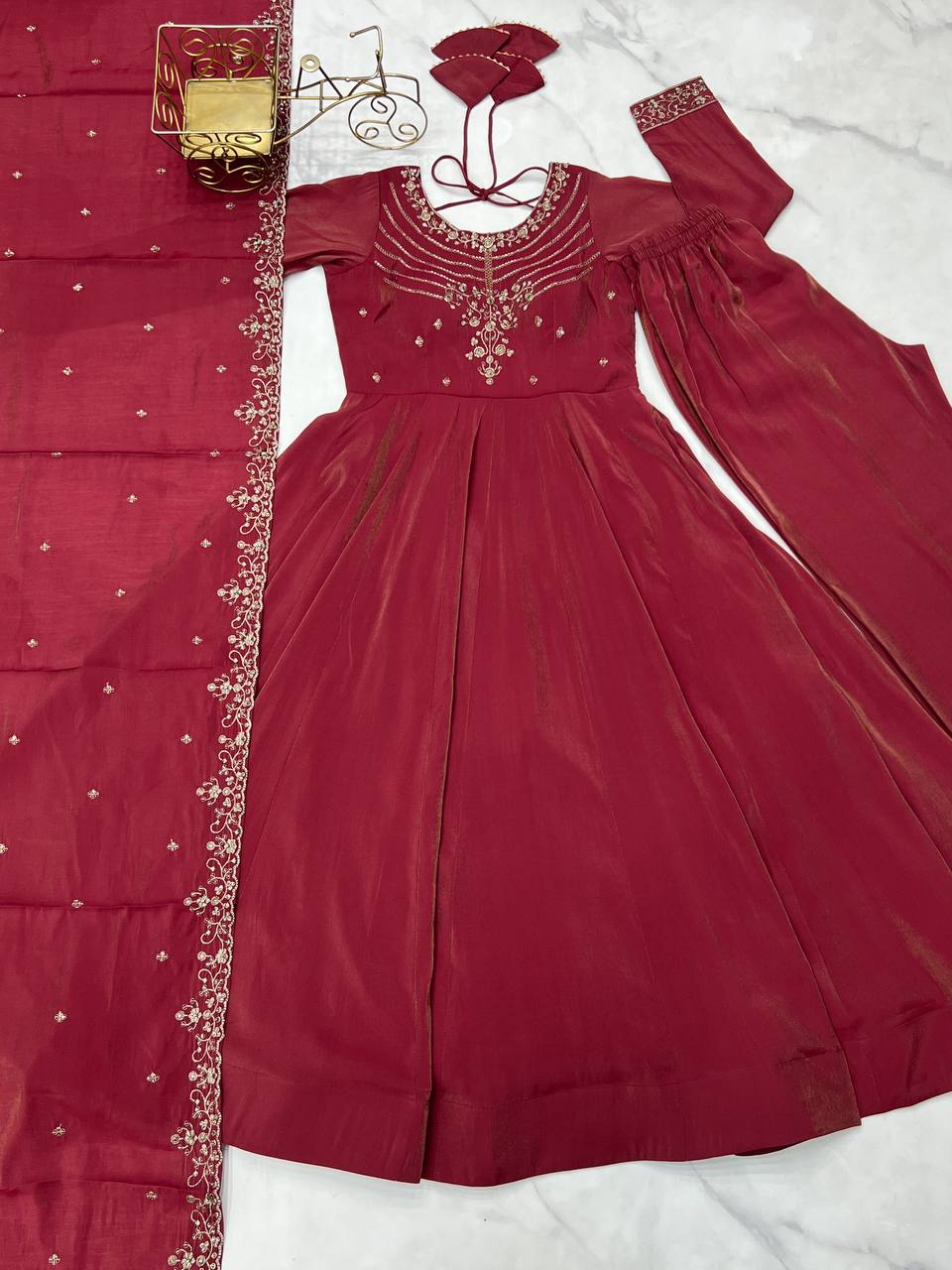 Designer Maroon Color With Beads Work Silk Anarkali Suit