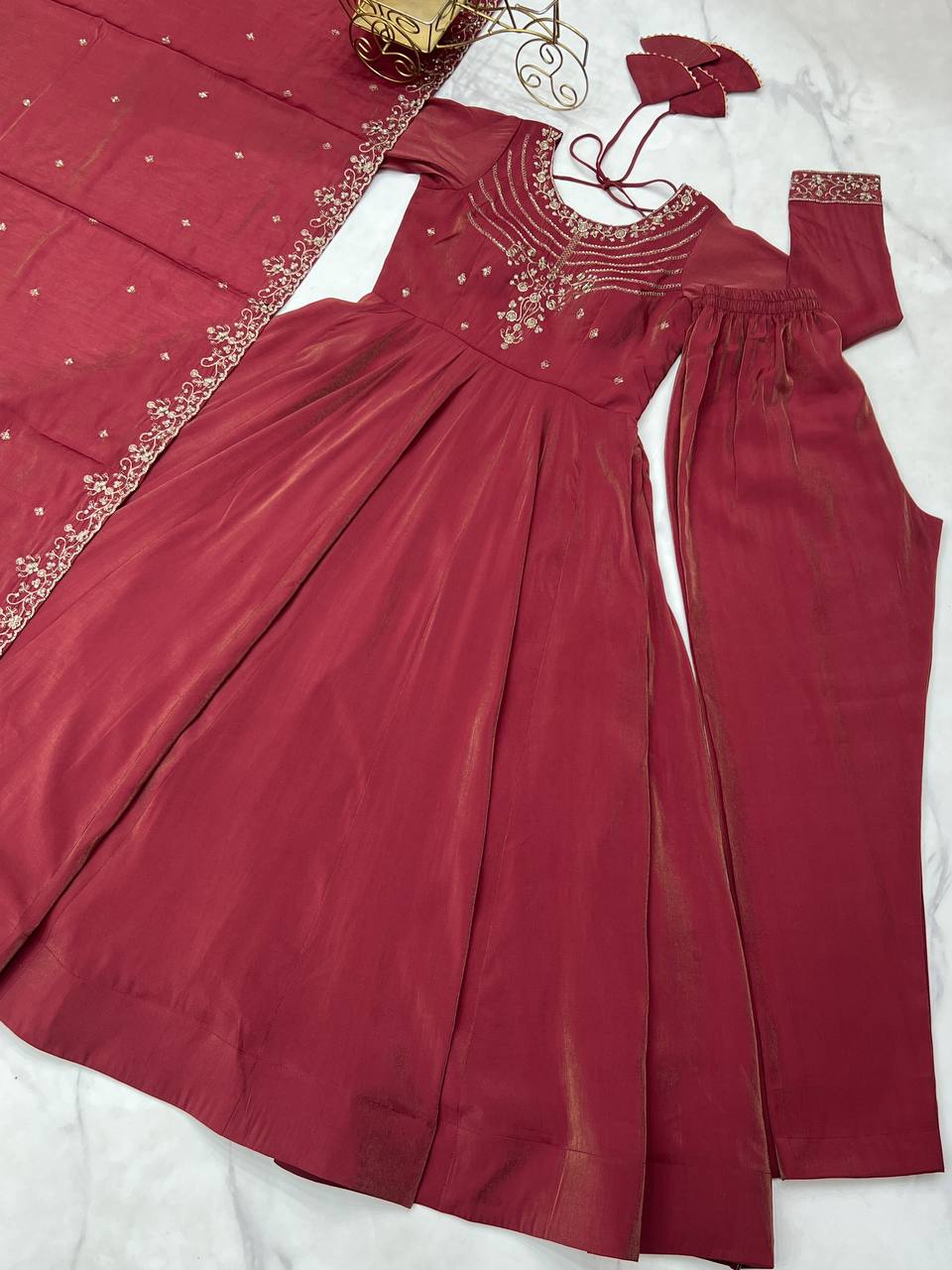 Designer Maroon Color With Beads Work Silk Anarkali Suit