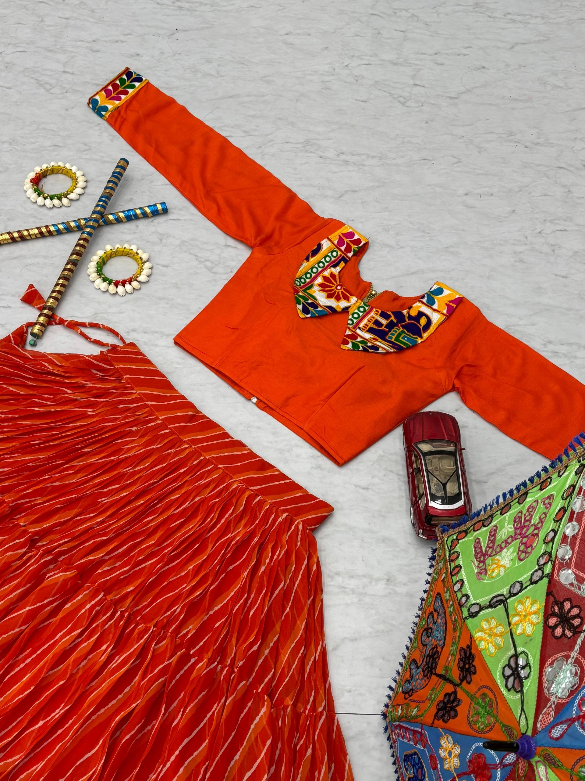 Orange Color Gamthi Work Lehenga Choli For Navratri
