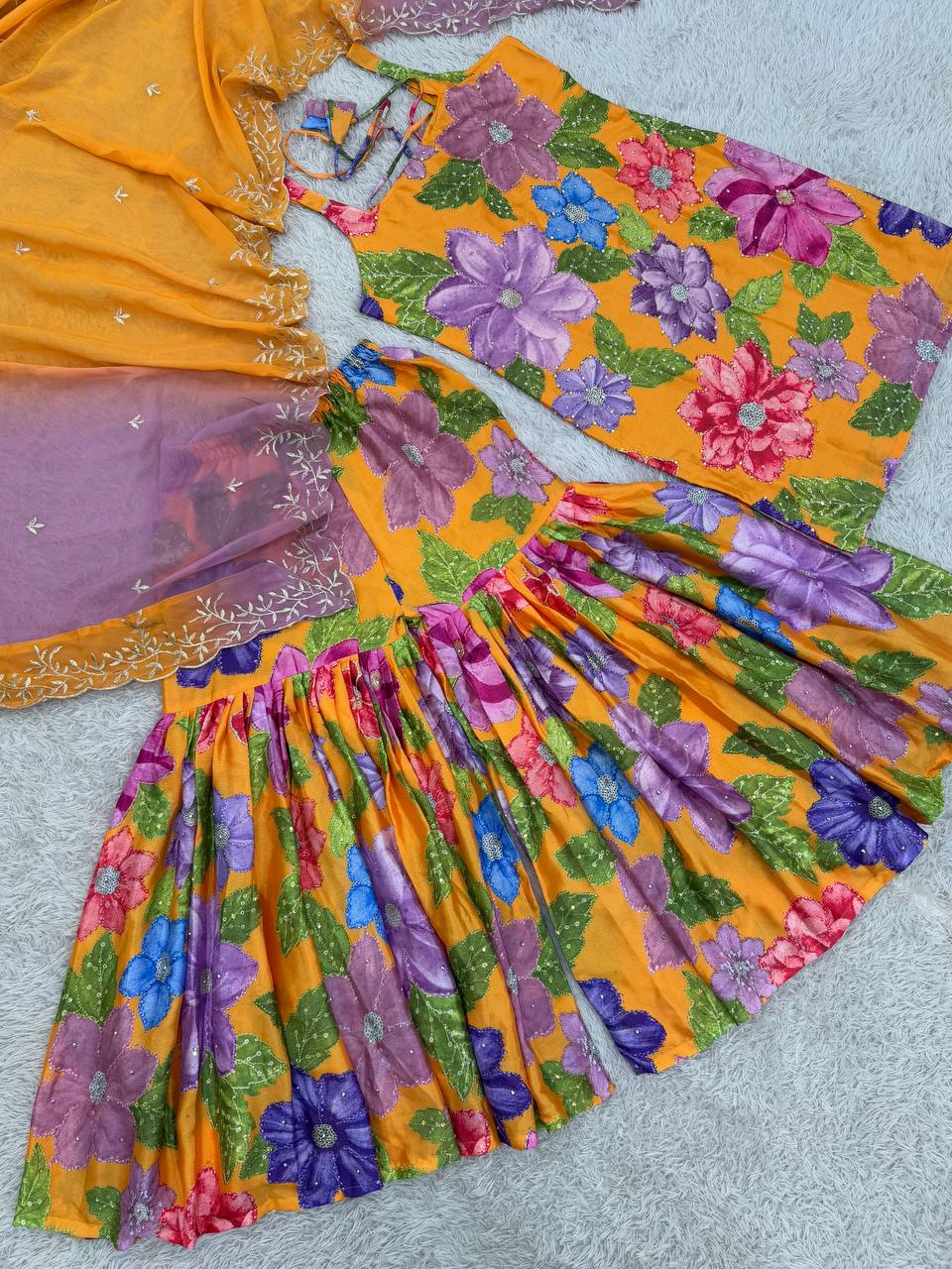 Trendy Mustard Color Digital Printed Silk Sharara Suit