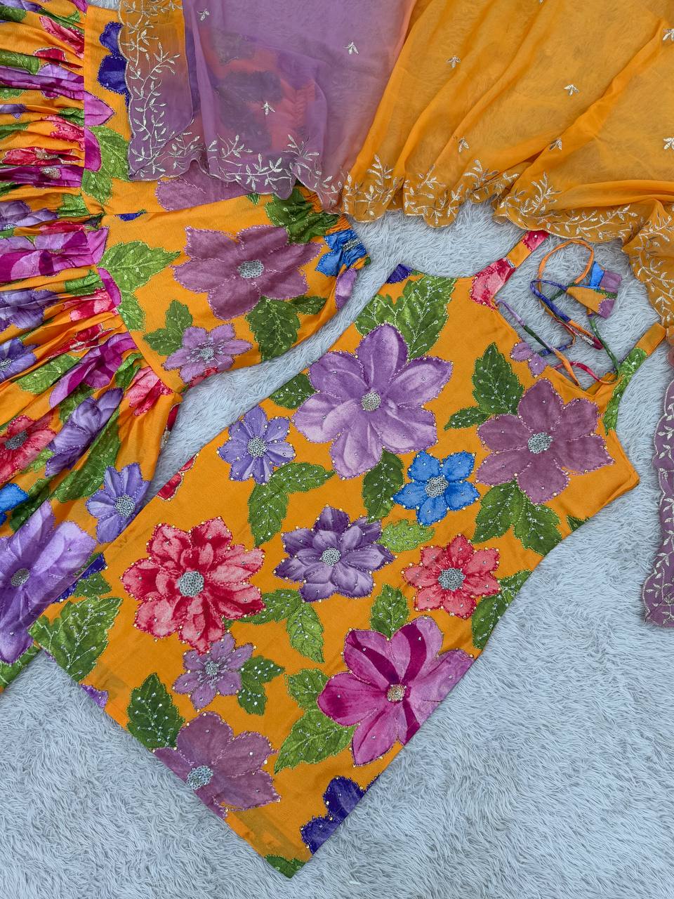 Trendy Mustard Color Digital Printed Silk Sharara Suit