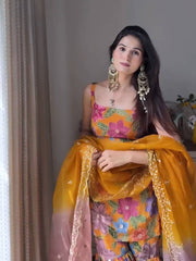 Trendy Mustard Color Digital Printed Silk Sharara Suit