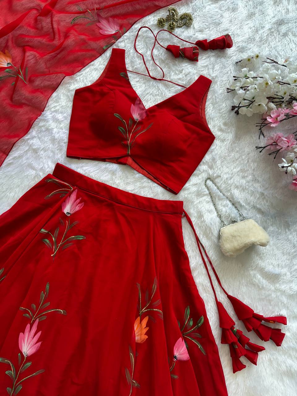 Attractive Red Color Hand Paint Georgette Lehenga Choli