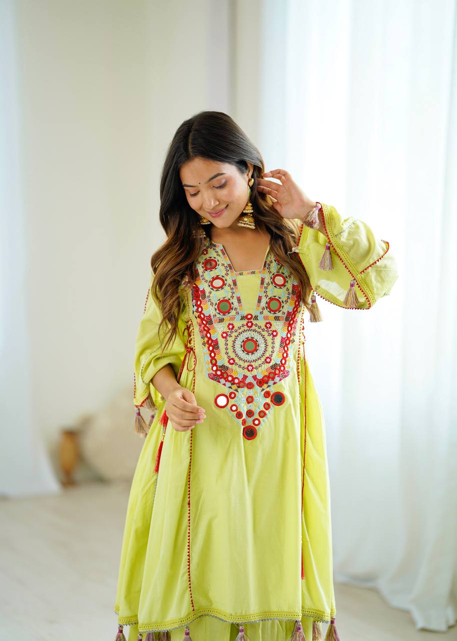 Lovely Pista Color Embroidery With Sequence Work Co-ord Set