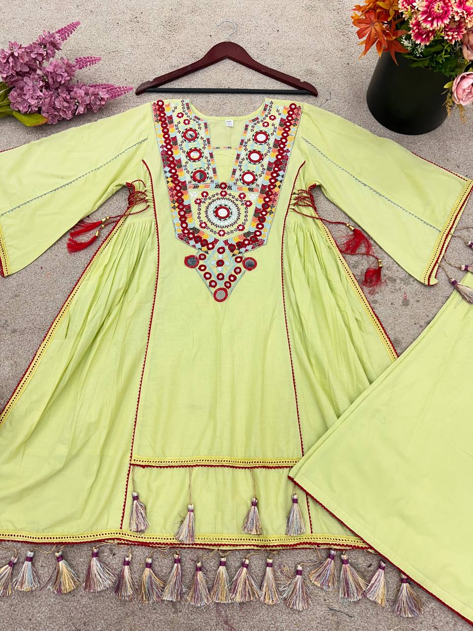 Lovely Pista Color Embroidery With Sequence Work Co-ord Set
