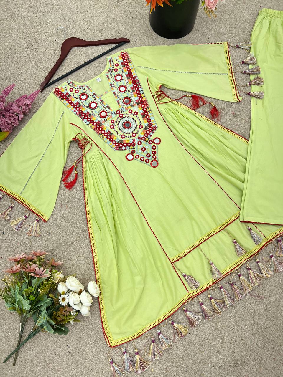 Lovely Pista Color Embroidery With Sequence Work Co-ord Set