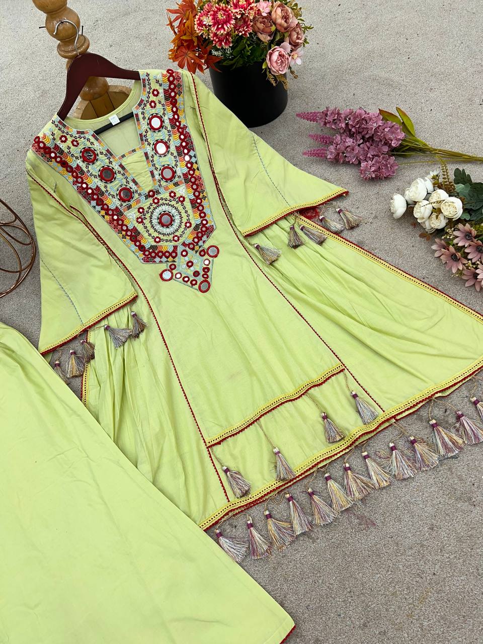 Lovely Pista Color Embroidery With Sequence Work Co-ord Set