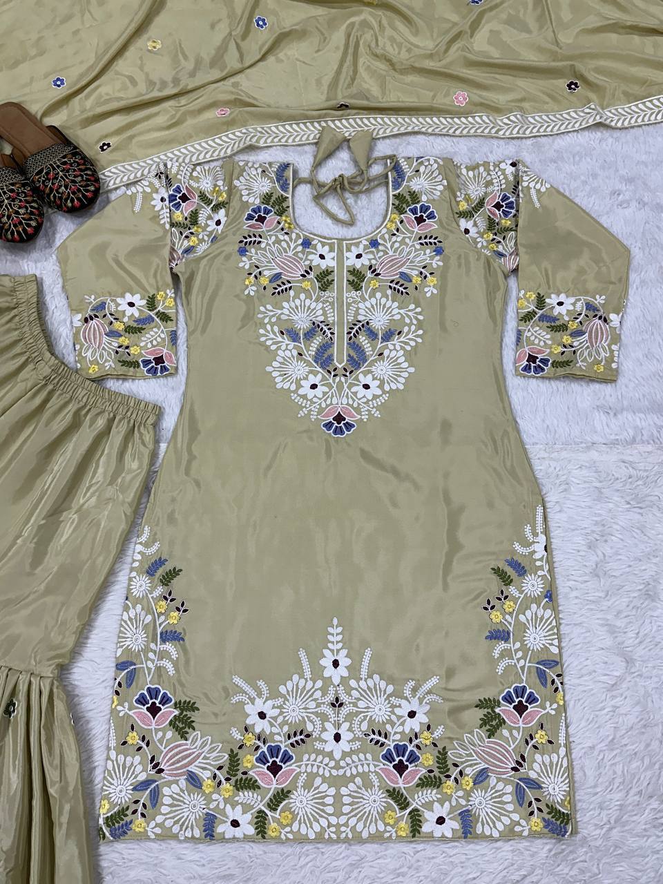 Fancy Beige Color Embroidery Work Sharara Suit