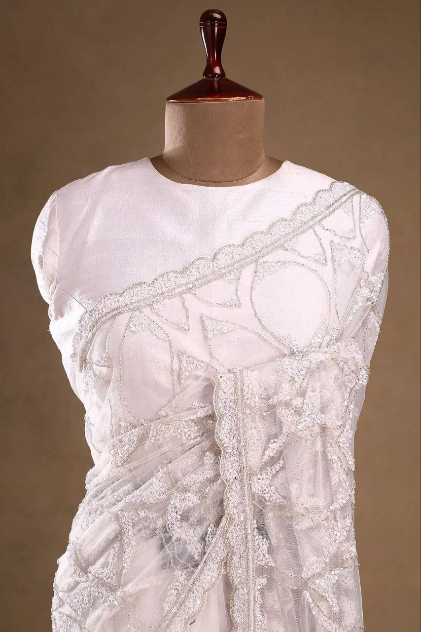 Captivating White Color Sequins Work Net Saree