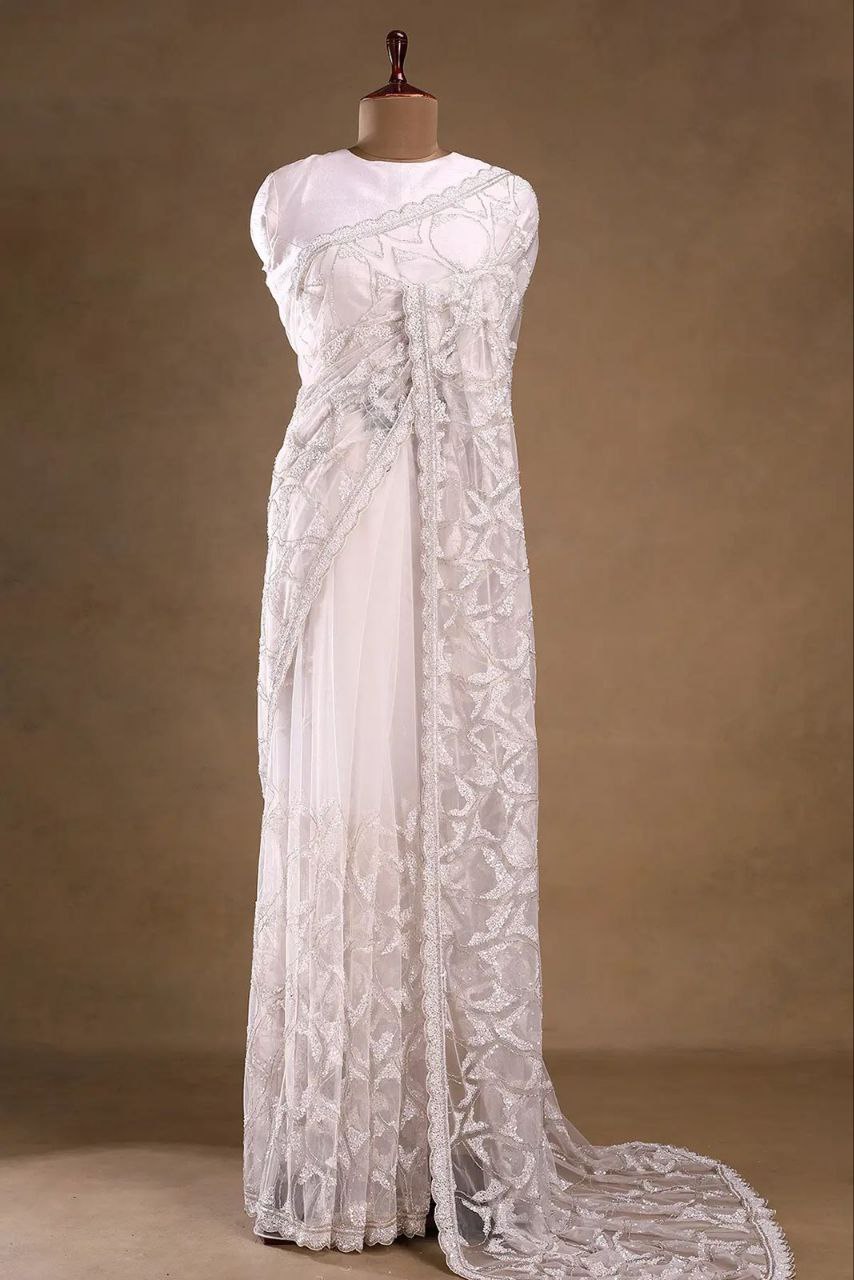 Captivating White Color Sequins Work Net Saree