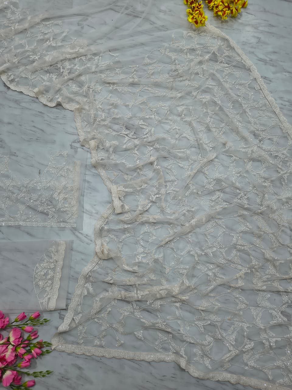 Captivating White Color Sequins Work Net Saree