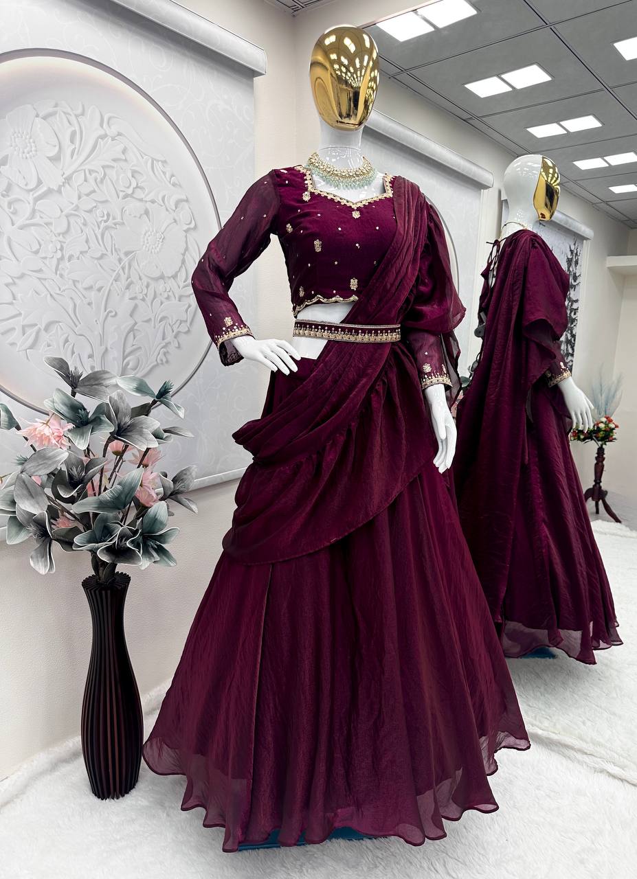 Lovely Maroon Color Embroidery Work Lehenga