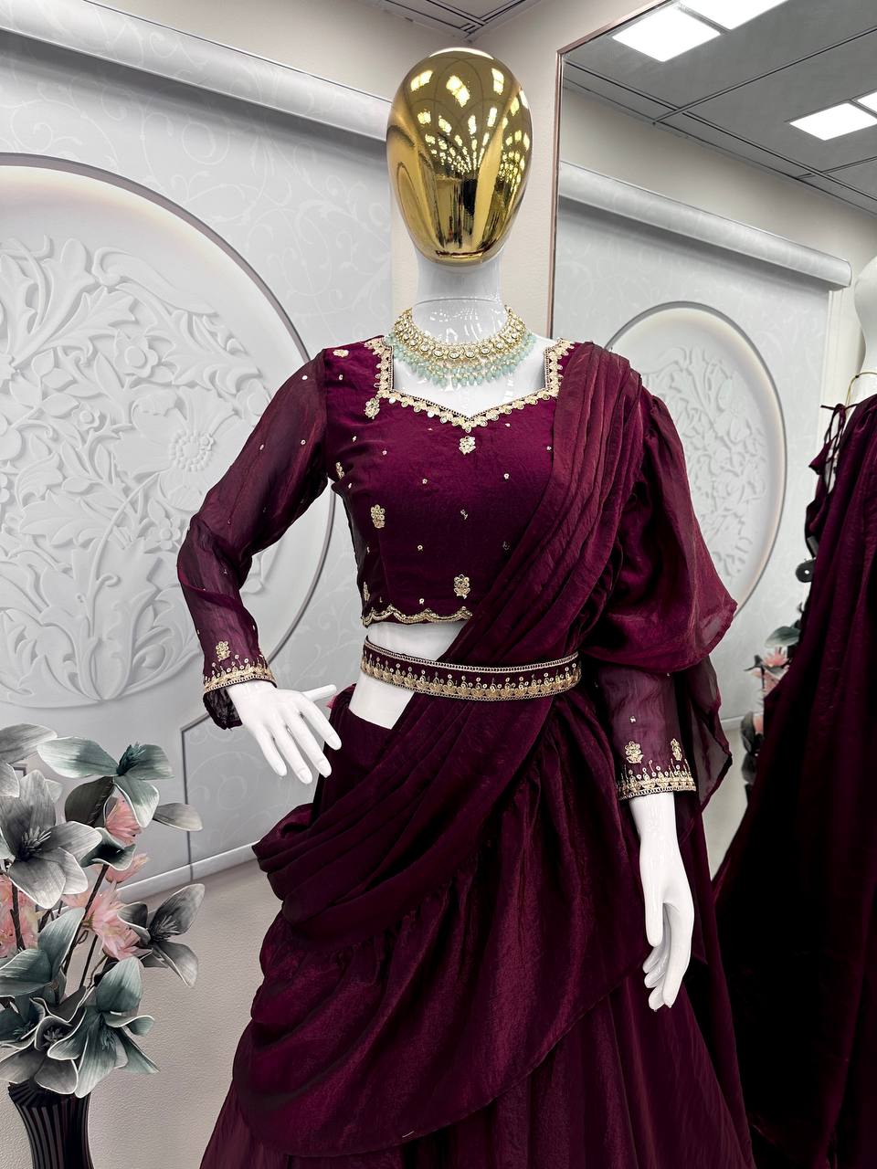 Lovely Maroon Color Embroidery Work Lehenga