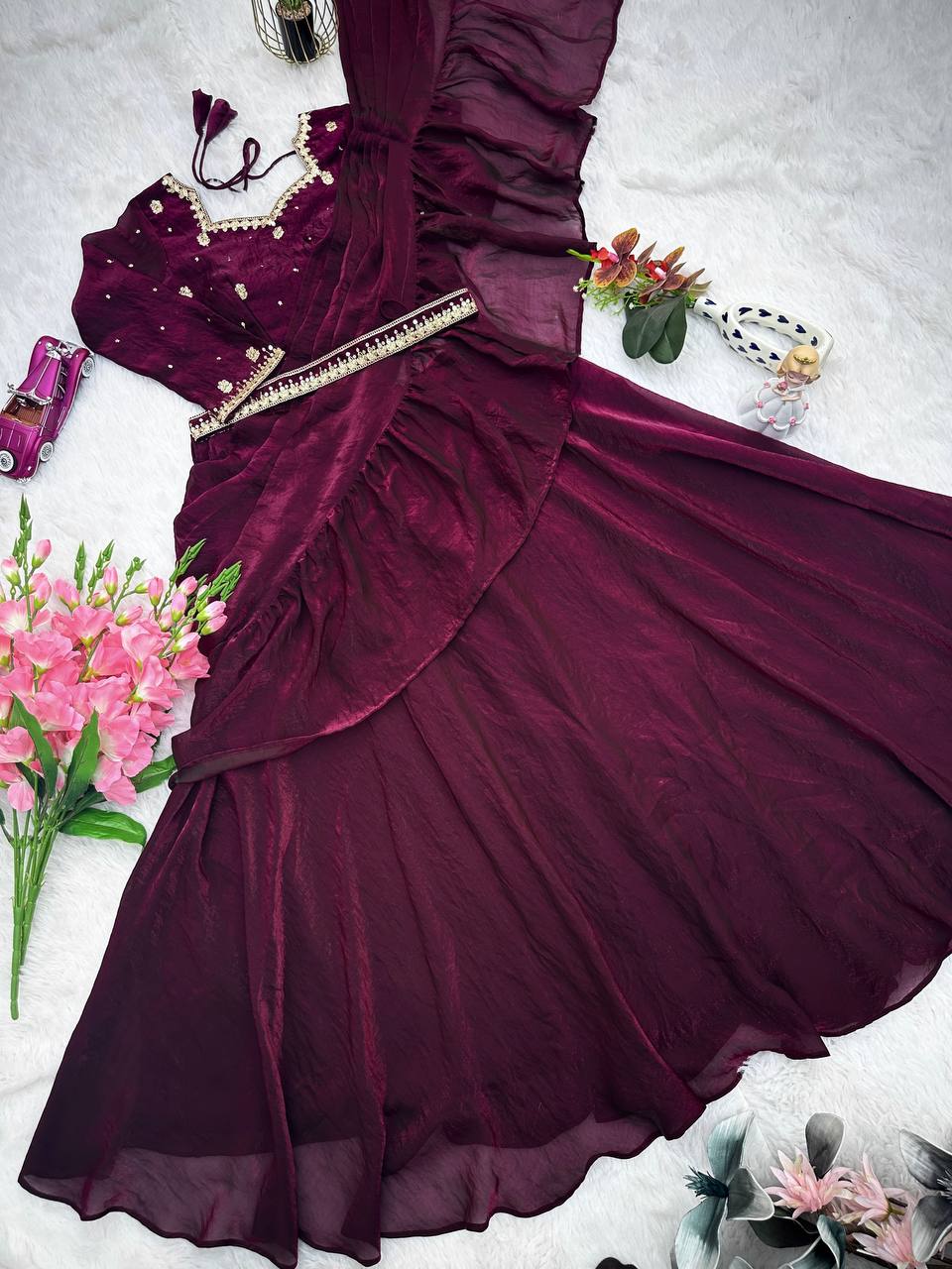 Lovely Maroon Color Embroidery Work Lehenga