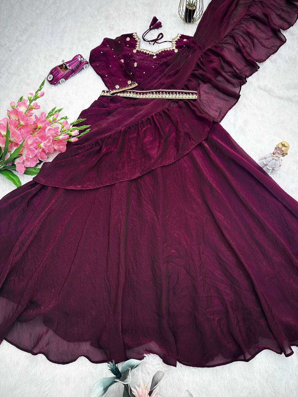 Lovely Maroon Color Embroidery Work Lehenga
