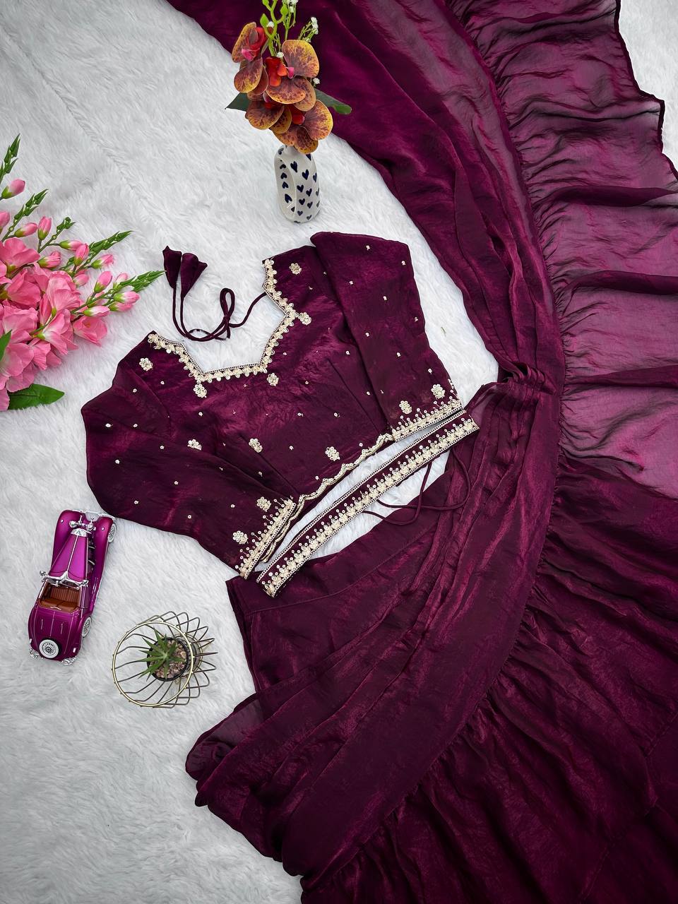 Lovely Maroon Color Embroidery Work Lehenga