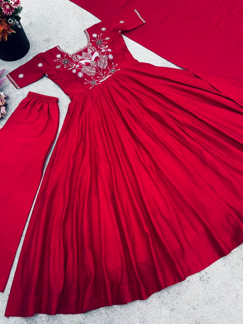 Ravishing Red Color Simmer Silk Anarkali Suit