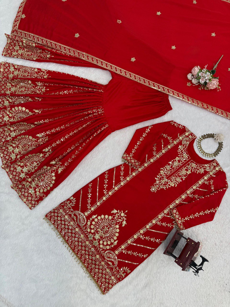 Designer Red Chinon Silk Thread Work Sharara Suit