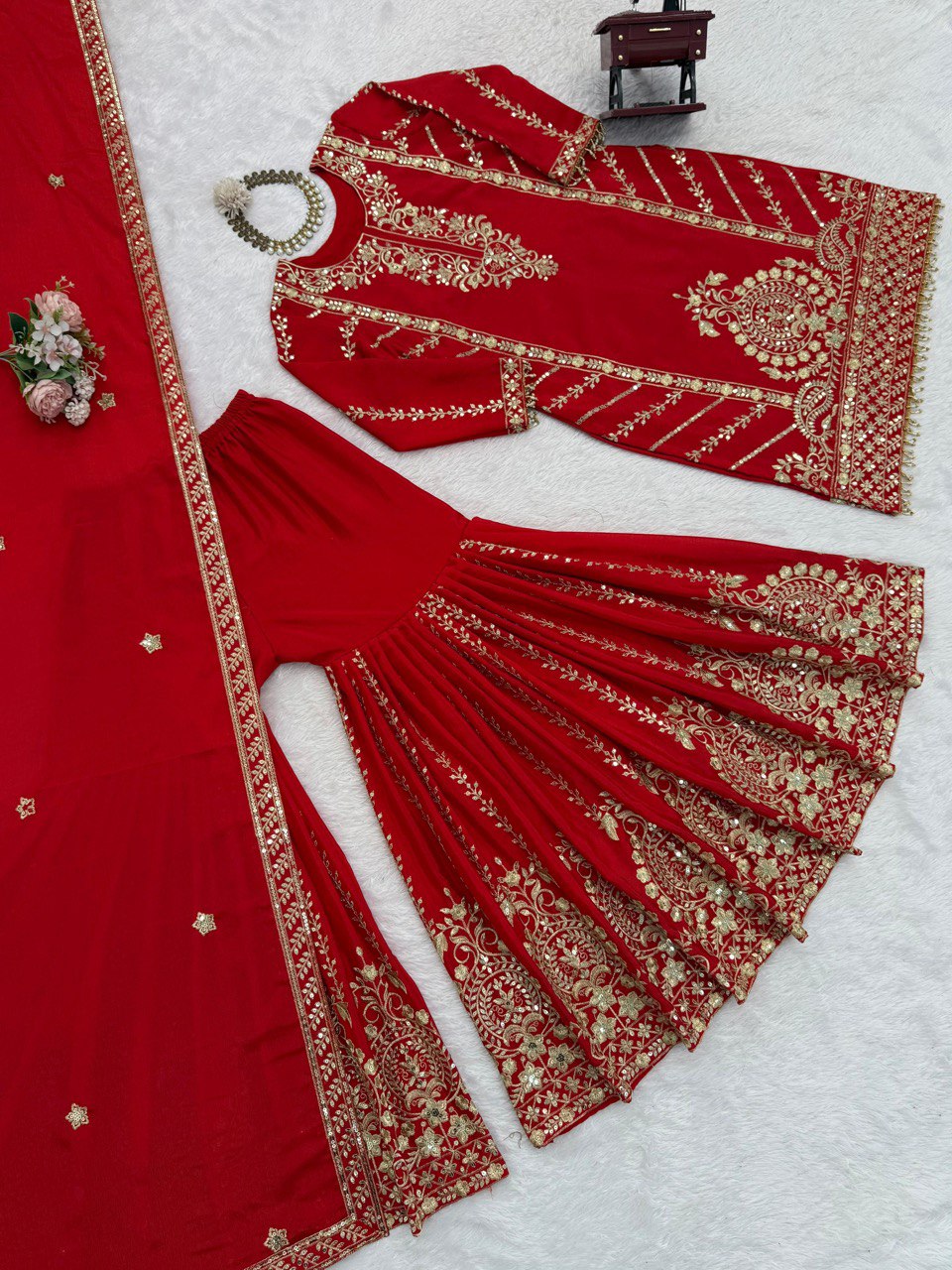 Designer Red Chinon Silk Thread Work Sharara Suit