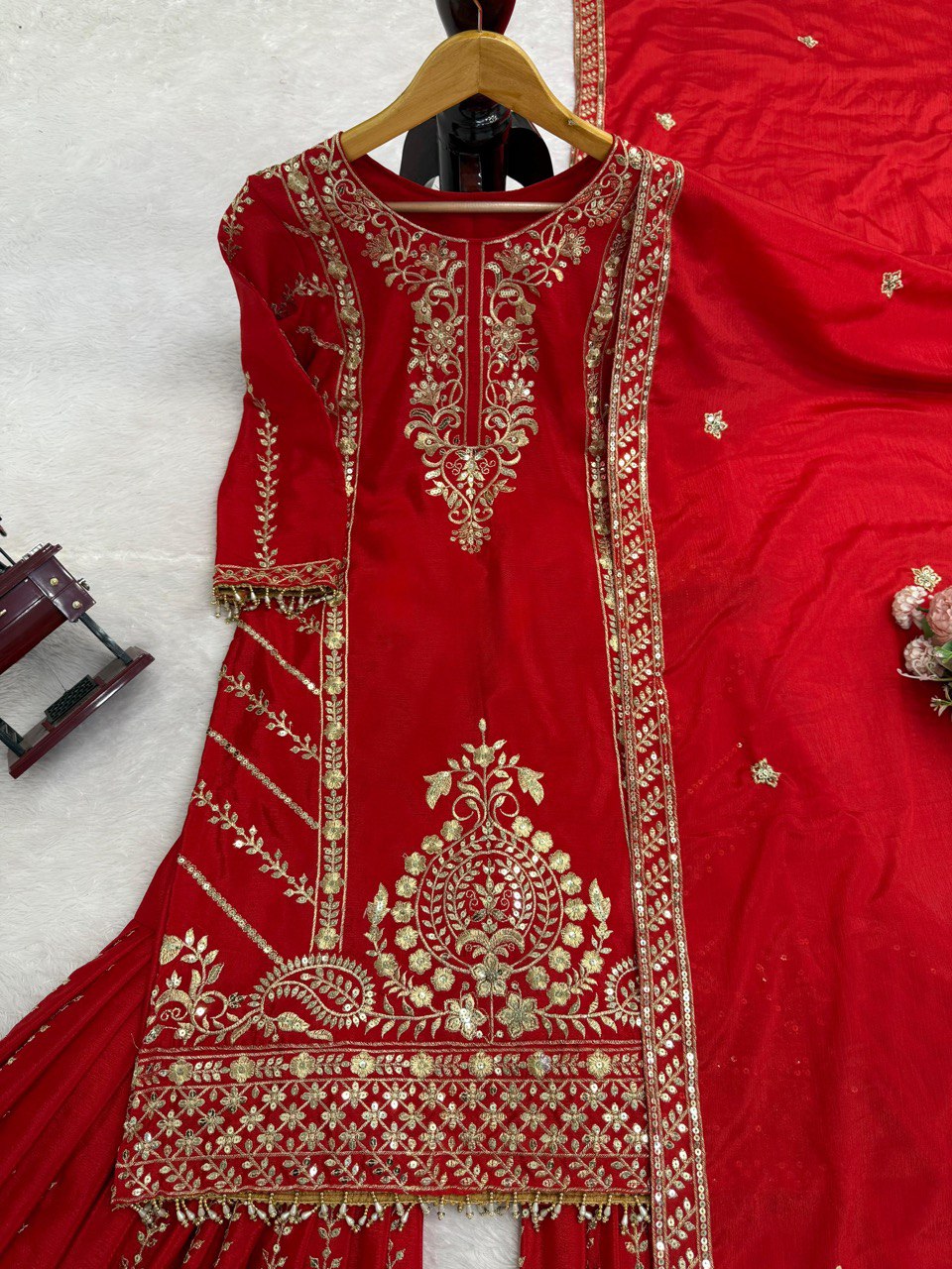 Designer Red Chinon Silk Thread Work Sharara Suit