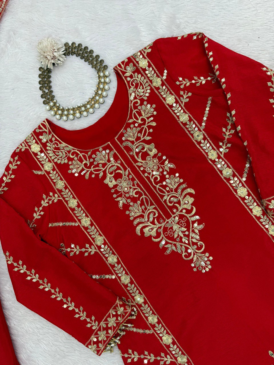Designer Red Chinon Silk Thread Work Sharara Suit