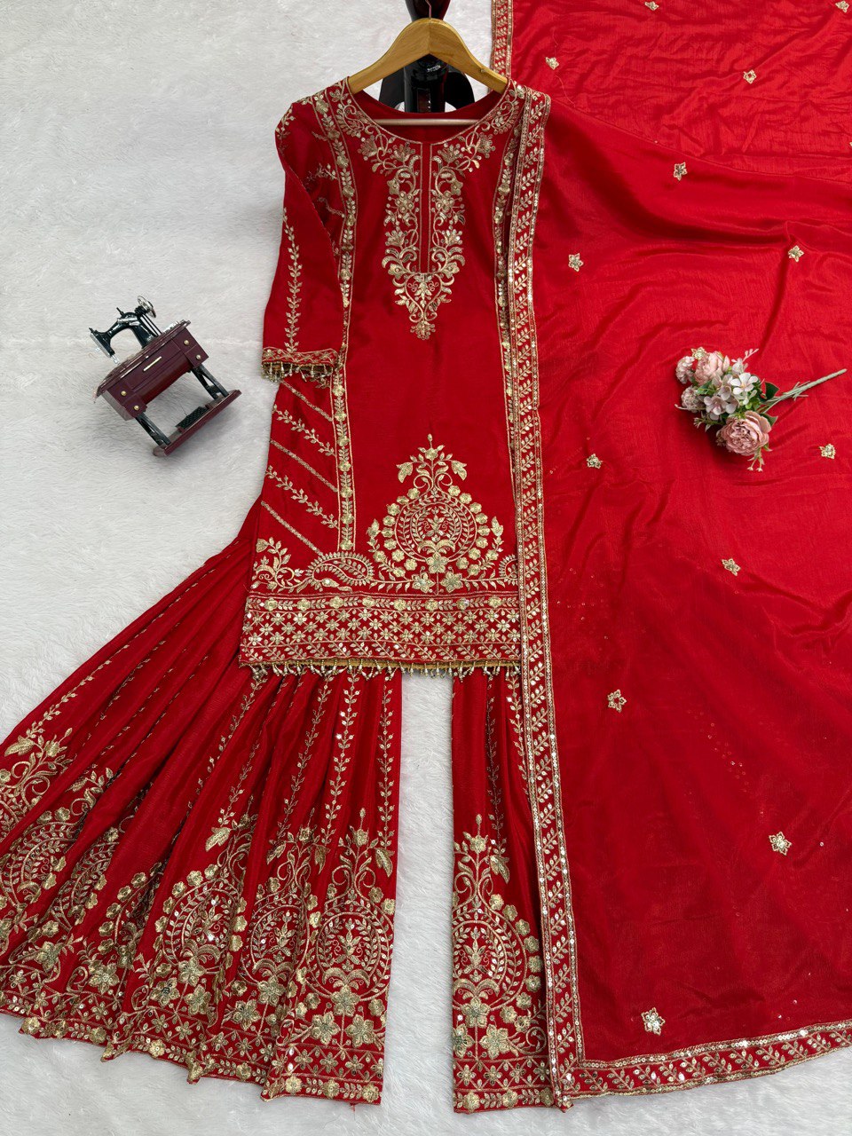 Designer Red Chinon Silk Thread Work Sharara Suit