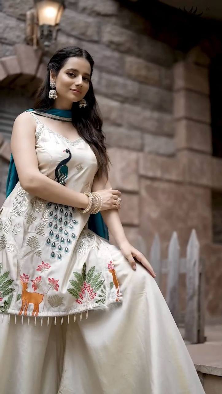 Lovely White French Crepe Embroidery Sharara Suit