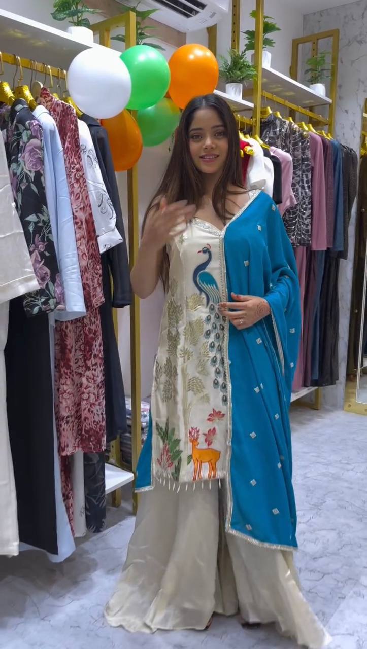 Lovely White French Crepe Embroidery Sharara Suit